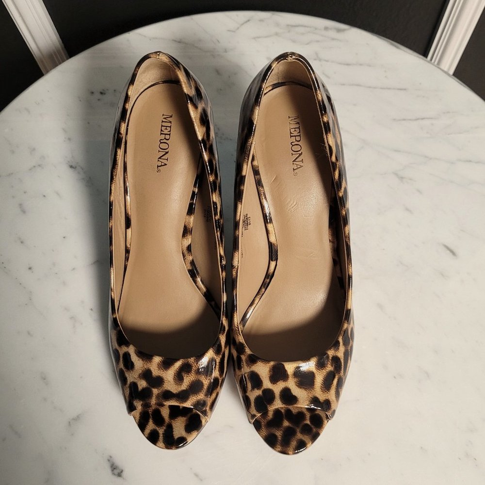 Merona Patent Leopard Print Open Toe Pumps Size 7.5